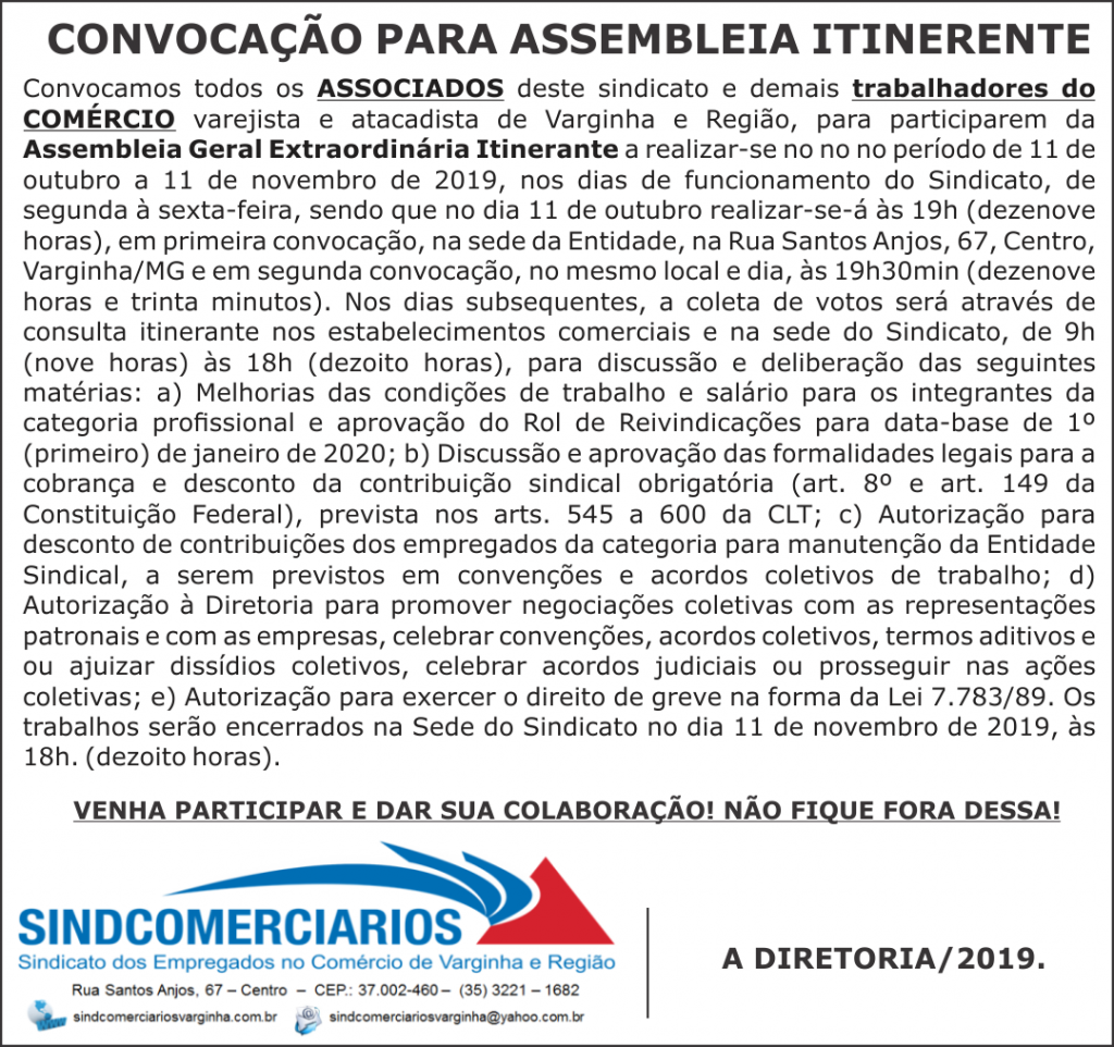 Convocação Assembleia Itinerante – Campanha Salarial 2020